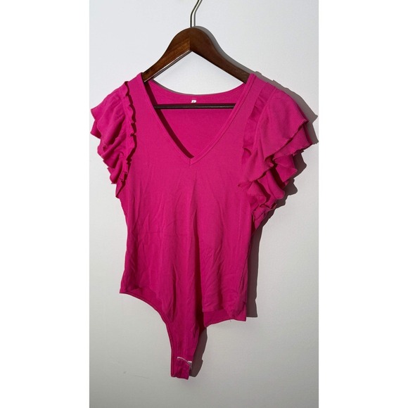 Tops - Ruffle Sleeve Bodysuit Women Large Hot‎ Pink Ribbed V-Neck Cap Sleeve